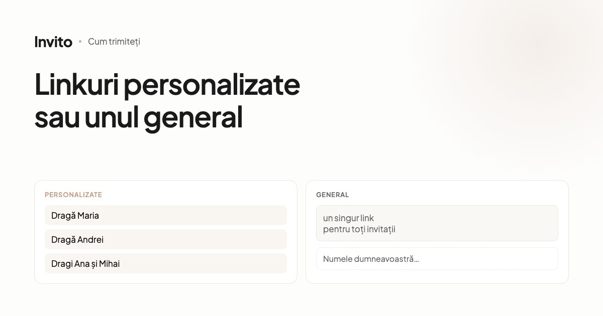 Comparație între linkul personalizat și cel general al unei invitații de nuntă